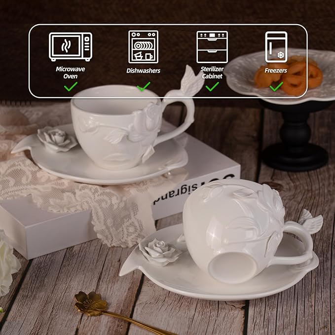 KAMMAK Tea Cups and Saucers Set of 2, Porcelain Coffee Cups, 8.5-Ounce Stackable Espresso Mugs, Ceramic Demitasse for Coffee, Latte, Americano, Tea, Cubic Rose