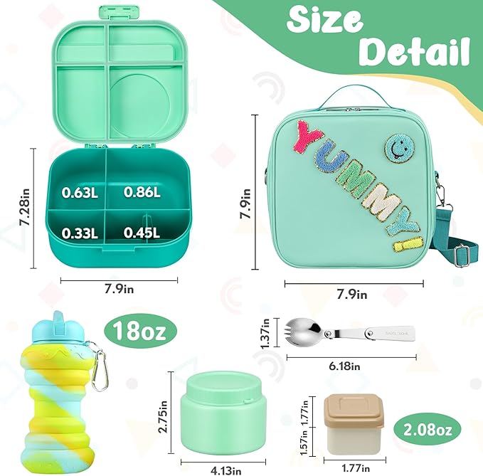 Kids Bento Lunch Box with 12oz Soup Thermo, Kids Leakproof Lunch Food Container with 4 Compartments, Insulated Lunch Bag & Water Cup for Girls Boys to School Travel