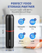 AIRMSEN Handheld Vacuum Sealer for Food with 33 PCS Reusable Bags and 2 PCS Vacuum Wine Sealer for Food Preservation & Fresh, Kitchen Leftover Preservation, Meal Prep and Sous Vide Cook