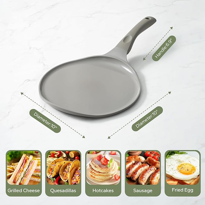 Redchef Crepe Pan Nonstick, 10 Inch Ceramic Flat Skillet Pan for Roti Dosa Tawa Comal Para Tortillas Pancake Pan for stove top, Induction Compatible, PFAS/PFOA/PTFE Free(Gray)