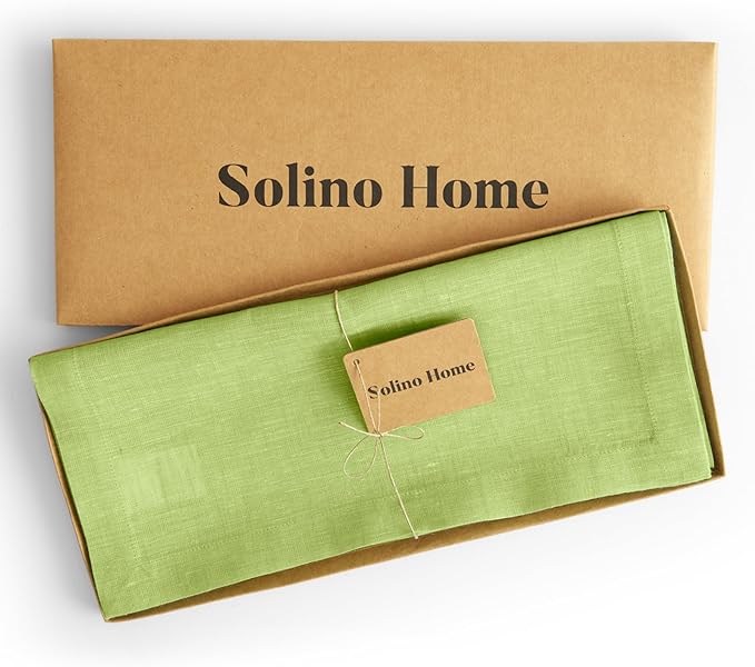 Solino Home Linen Table Runner 108 Inches Long - Athena, 100% Pure Linen Chambray Lime Green Dining Table Runner 14 x 108 Inch for Summer