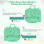 Bento Lunch Box with Thermo, 4-Compartment Bento Box with Adjustable Dividers, Leakproof Dinosaur Lunch Box with 14.2OZ Insulated Food Jar & Sauce Jar, for School Office Travel(Green)