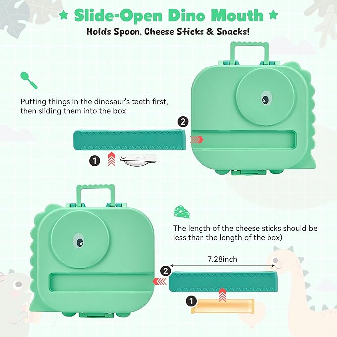 Bento Lunch Box with Thermo, 4-Compartment Bento Box with Adjustable Dividers, Leakproof Dinosaur Lunch Box with 14.2OZ Insulated Food Jar & Sauce Jar, for School Office Travel(Green)