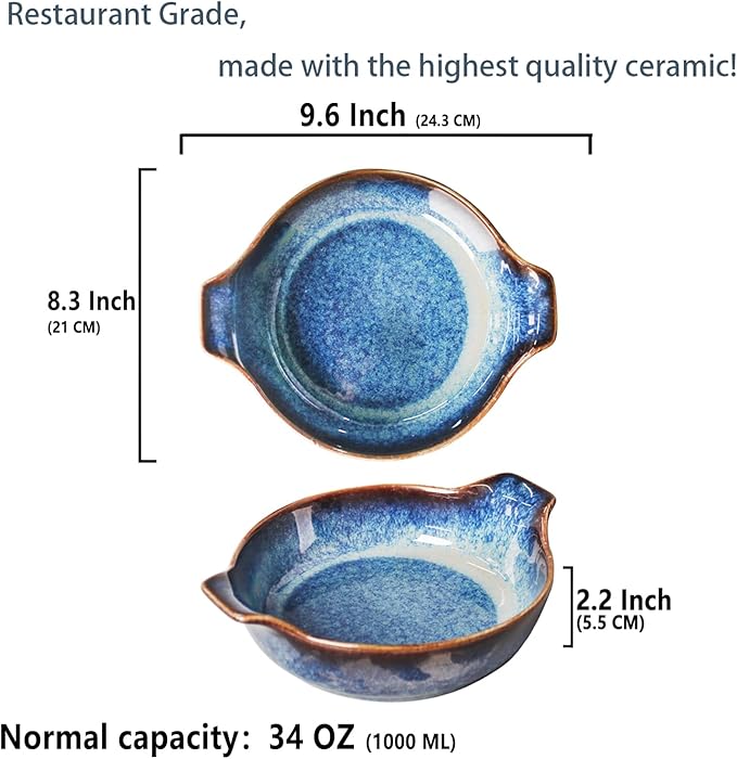 Ceramics Au Gratin baking Dishes Set of 2, Baking Tray Bake ware, 34 oz Ramekins, for Pie Pan, Appetizer, Tart, Dessert, Quiche, Oven Small dish, individual dishes, Deep Round 9.6 Inch