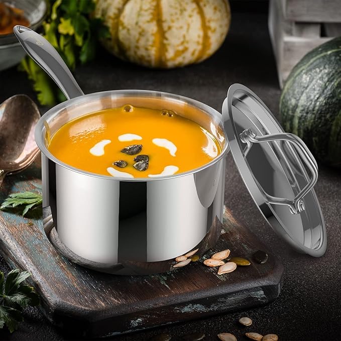 2 Quart Sauce Pan with Lid, Tri Ply Stainless Steel Saucepan 2 Qt with Stainless Steel Lid, 2 Measuring Lines, Upgraded Packaging, Cool Ergonomic Handle, Dishwasher & Oven Safe