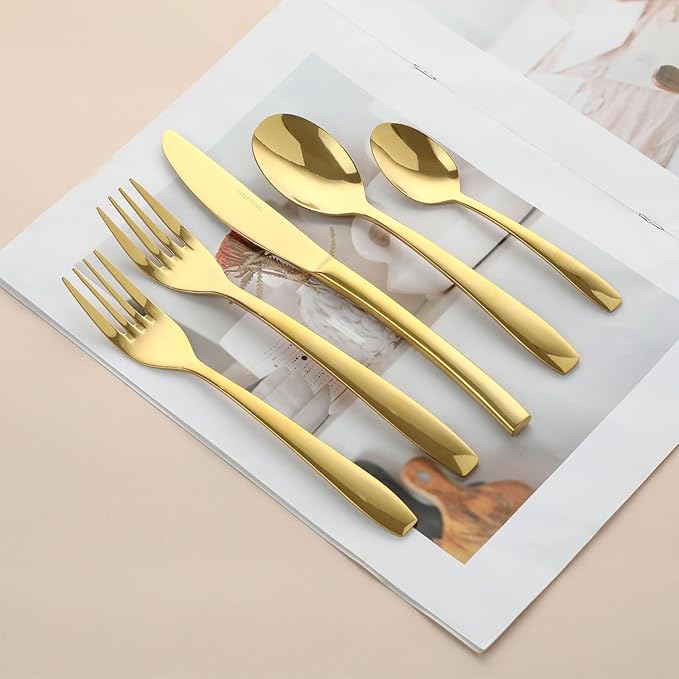 Gold 30 Piece Silverware Set,Stainless Steel Flatware Set for 6,18/0 Rust-Proof Cutlery Set with Forks & Spoons,Mirror Polished Dishwasher Safe - Heavy Duty Tableware for Home & Dining