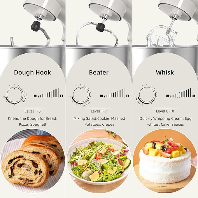 Electric Stand Mixer,10 Speeds Tilt-Head Food Mixer, 3-IN-1 Kitchen Mixer for Daily Cooks with 6.5 QT Bowl,Dough Hook, Beater, Whisk (Almond Cream)