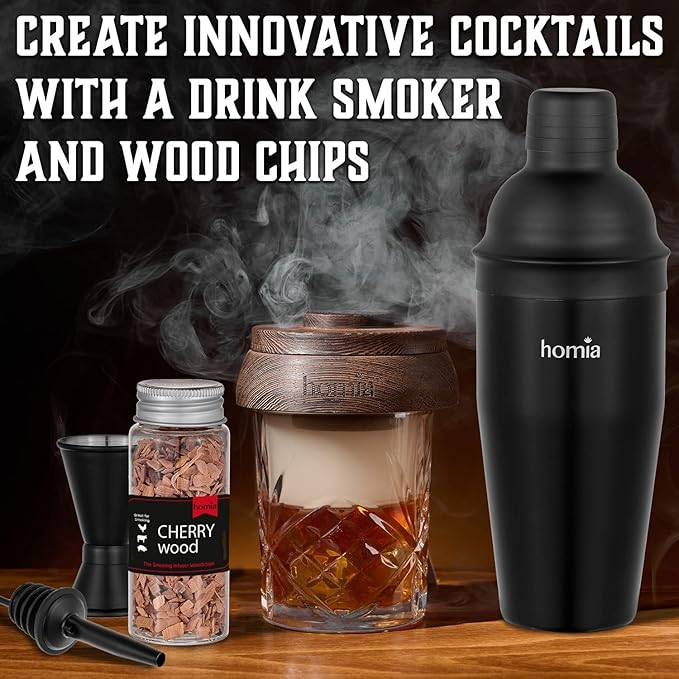 Bartender Kit with Whiskey Smoker - 13 pcs, Bamboo Stand - Bar Set with Cocktail Shaker, Bartending Kit with Essential Bar Accessory Tools, Wood Chips, Black Matte