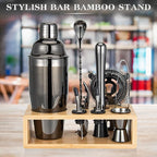 Cocktail Shaker Set, Mixology Bartender Kit 10-Piece Bar Tool Set with Stylish Bamboo Stand, Bar kit: Martini Shaker Mixing Spoon Muddler Jigger Corksrew for Barware Set | Black
