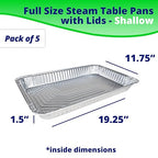 IDL Packaging Full Size Aluminum Steam Table Pans with Lids - Shallow, 21" x 13" x 1.5" (pack of 5) - Disposable Foil Pan for Grilling, Roasting, BBQ, Cooking, Baking, Freezing
