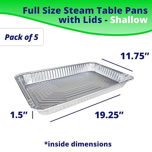 IDL Packaging Full Size Aluminum Steam Table Pans with Lids - Shallow, 21" x 13" x 1.5" (pack of 5) - Disposable Foil Pan for Grilling, Roasting, BBQ, Cooking, Baking, Freezing