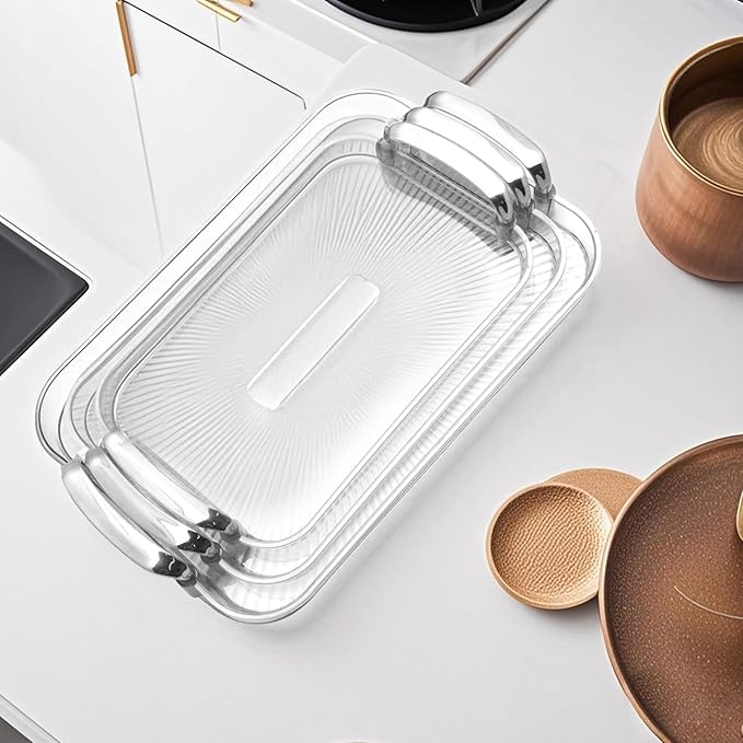 Serving Tray with Handles Set of 3 Rectangular Large Serving Platters 16.5/14.9/13.2 Inch White Plates for Dinner, Party, Entertaining, Transparent
