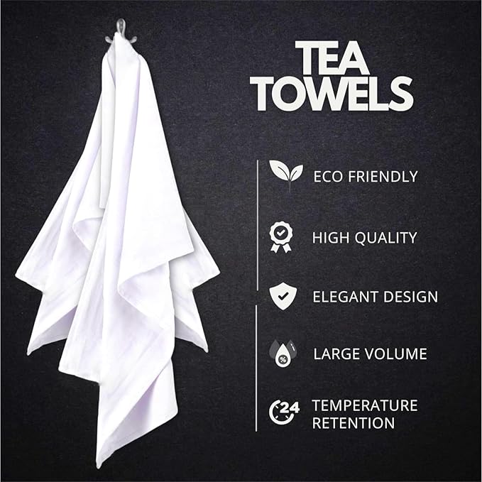Premium Kitchen Towel (28”x20”, 12 Pack) 100% Cotton Dish Towels Cloths Large Hand Towels Tea Towels for Kitchen with Hanging Loop, Reusable Cleaning Cloths, Fast Dry Lint Free Linen | Pure White