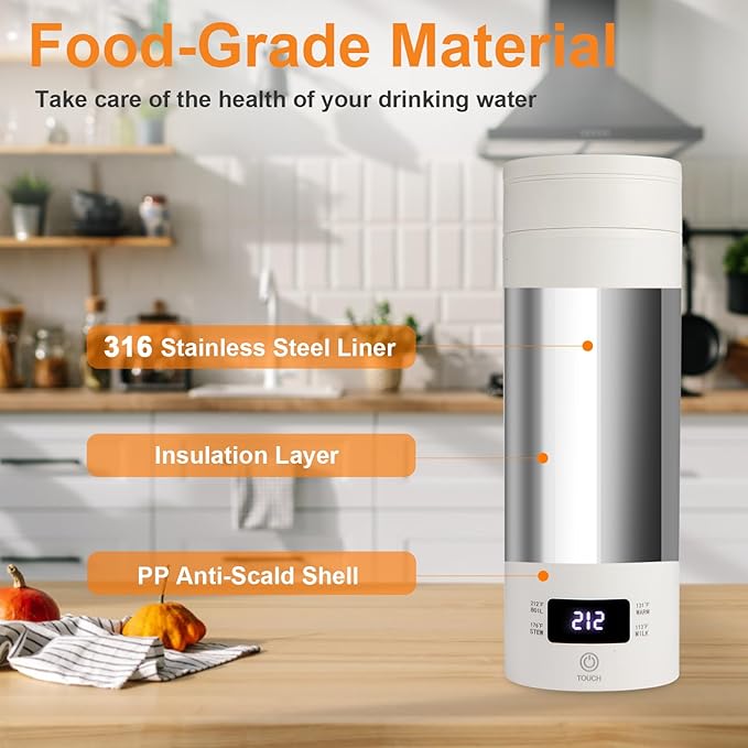 Travel Tea Kettle（110V）, Portable Electric Kettle, 316 Stainless Steel Premium Liner, 4-speed Temperature Adjustment with Auto Shut-off and Boil-Off Protection,White.