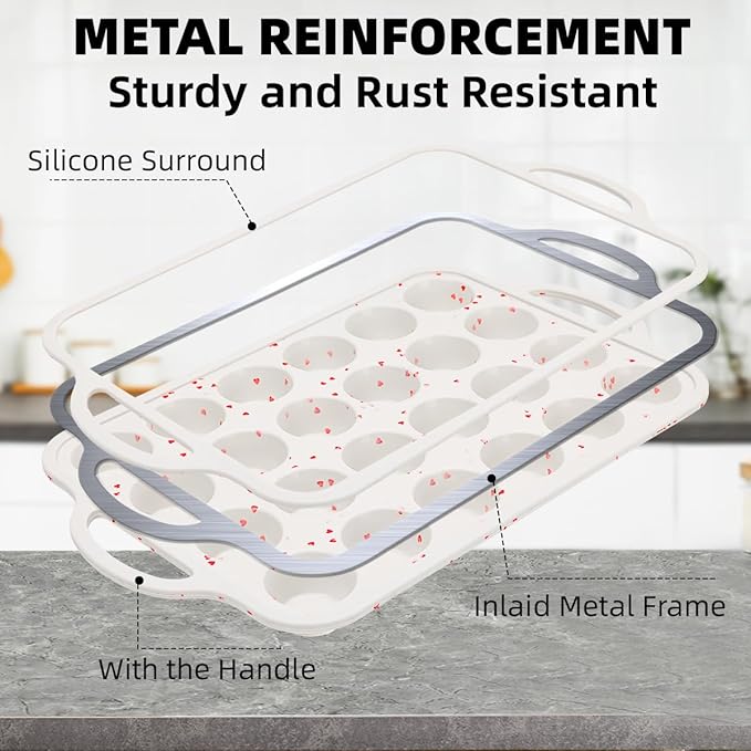 Mini Cupcake Pan, Metal Reinforced Frame Silicone Mini Muffin Pan Nonstick 24 Cups with Handle for Valentine's Day Baking Muffins, Cupcakes, Egg Bites 1 Pack