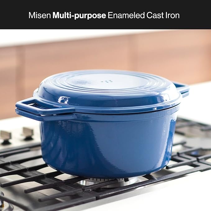 Misen 7 QT Enameled Cast Iron Dutch Oven - Chip-Resistant Enamel Coating - Thick Iron Core For Heat Retention - Large Cooking Surface - Oven Safe, Induction Compatible - Grill and Silicone Lid, Blue