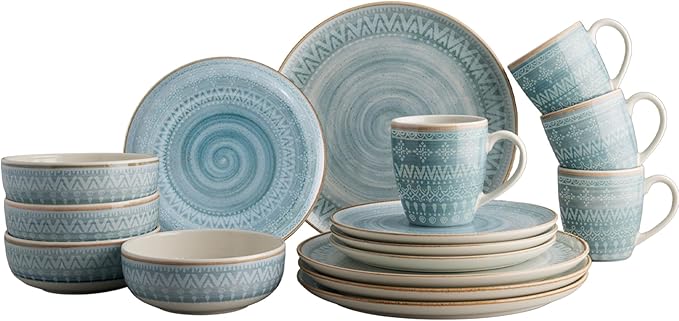"Corona Dinnerware Set 16– piece, Plates Bowls and Mugs Set, Ceramic Sets for 4, Microwave and Dishwasher Safe, Congo Etnic Design
