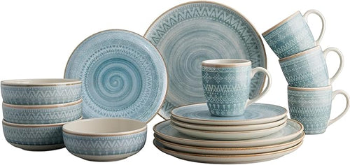 "Corona Dinnerware Set 16– piece, Plates Bowls and Mugs Set, Ceramic Sets for 4, Microwave and Dishwasher Safe, Congo Etnic Design