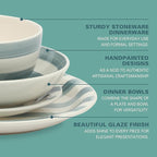 Gibson Home Kenwood Shores 16 Piece Dinnerware Set, Blue Striped, Hand-Painted Stoneware Dishes, Plates and Bowls, Service for 4, Microwave & Dishwasher Safe