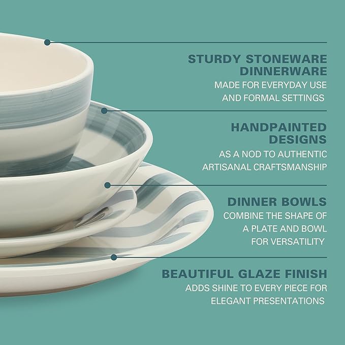 Gibson Home Kenwood Shores 16 Piece Dinnerware Set, Blue Striped, Hand-Painted Stoneware Dishes, Plates and Bowls, Service for 4, Microwave & Dishwasher Safe