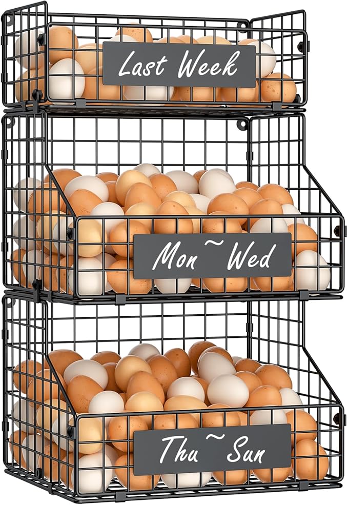 keomaisyto Egg Holder Countertop with Nameplate to Separate Eggs, 3 Tier Stackable Wire Storage Baskets for Gathering Fresh Eggs, Large Egg Rack for Countertop/Wall-Mounted, Medium (Patent Pending)