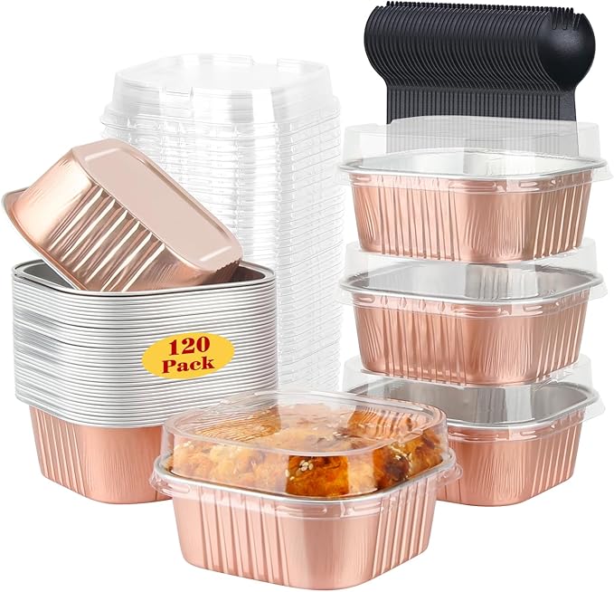 LNYZQUS 120pack/10oz Mini Cake Tins with Lids, 4”x4” Mini Foil Pans Disposable Brownie Baking Cups, Small Aluminum Bread Muffin Pan Jumbo Cupcake Containers Holders-Champagne