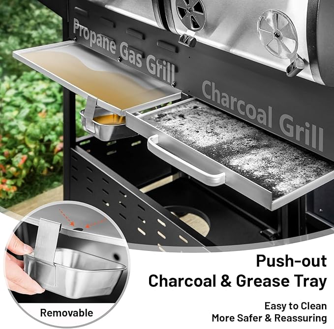 Propane and Charcoal Combo Grill with Side Burner, 37,230 BTU Outdoor BBQ Grill with Porcelain-Enameled Cast Iron Grates and Griddle Plate for Patio, Garden, Backyard (propane+charcoal)