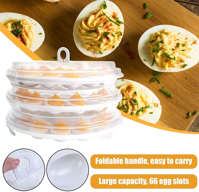 HANSGO Deviled Egg Containers with Lid, 3PCS Deviled Egg Platter Carrier Holder Trays with 66 Slots for Festival Party and Home Kitchen, White