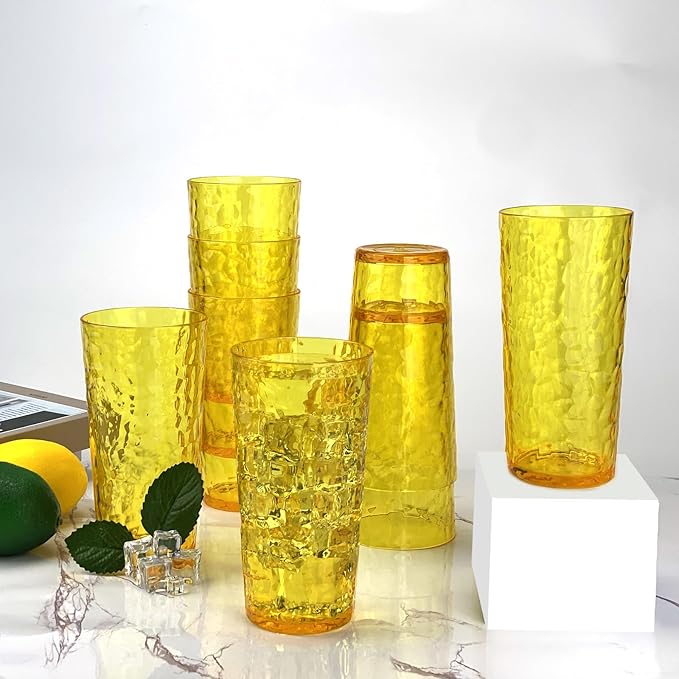 Yalin 24-Ounce Plastic Tumbler Acrylic Drinking Glasses, Reusable Plastic Cups, Stackable, BPA-Free, Shatter Proof, Dishwasher Safe, Set of 8 (Yellow)