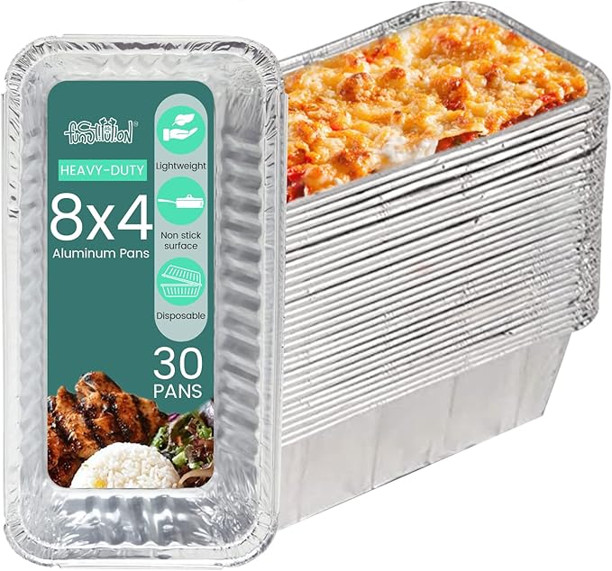FUNSTITUTION Aluminum Foil Pans 8x4 Inches (30 Pack) - Tin Foil Pans with High Heat Conductivity - Disposable Aluminum Tray Cookware For Baking, Grilling, Cooking, Storing, Prepping