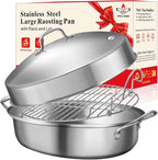 Roasting Pan, 21x13x11 Inch, Silver, Rectangular, Stainless Steel, 25LB Capacity, Turkey & Chicken Roaster with Rack and Lid