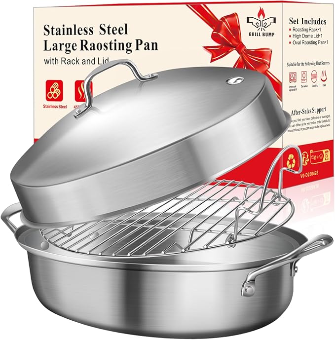 Roasting Pan, 21x13x11 Inch, Silver, Rectangular, Stainless Steel, 25LB Capacity, Turkey & Chicken Roaster with Rack and Lid