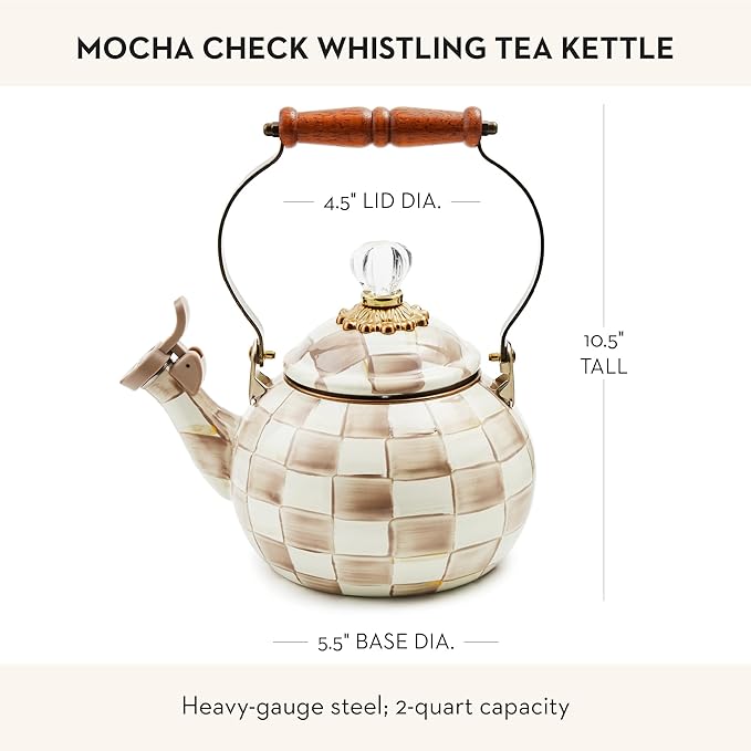 MACKENZIE-CHILDS Enamel Whistling Tea Kettle, Decorative Teapot for Stovetop, Brown-and-White Mocha Check