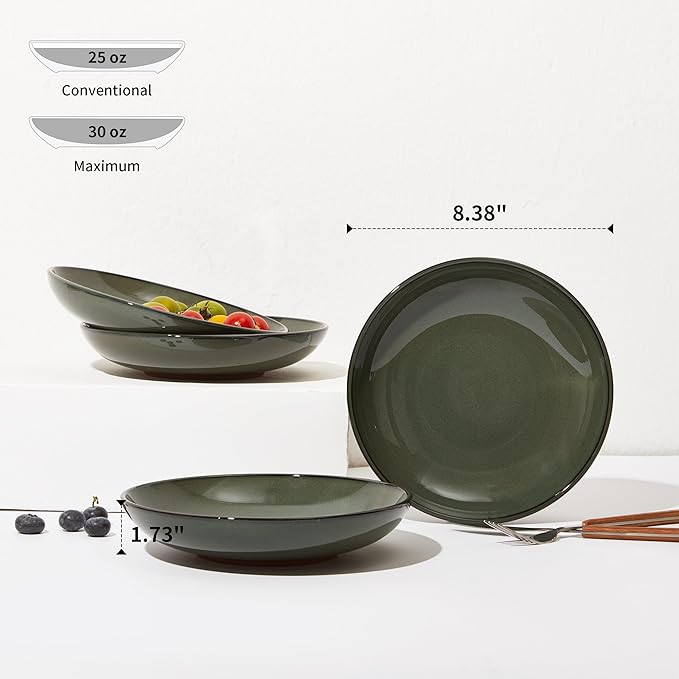 Pasta Bowls Set of 4, Reactive Glaze Salad Bowl 30 oz, Microwave & Dishwasher Safe, Large Wide Serving Bowls for Fruit/Soup/Noodle/Dessert, Blackish Green