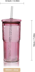 Joeyan 22 oz Pink Glass Tumbler with Straw and Lid for Iced Tea Coffee Smoothie Water Juice Beverages Soda,Ribbed Glasses Cups,Borosilicate Drinking Jar,Set of 2,Dishwasher Safe
