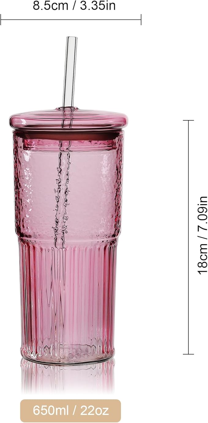 Joeyan 22 oz Pink Glass Tumbler with Straw and Lid for Iced Tea Coffee Smoothie Water Juice Beverages Soda,Ribbed Glasses Cups,Borosilicate Drinking Jar,Set of 2,Dishwasher Safe