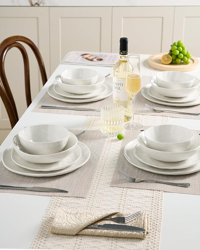 Famiware Porcelain kitchen plates and bowls set, Modern dishes set for 6, Handmade Wave Edge Dinnerware Sets, Microwave and Dishwasher Safe Tableware, Polar White (24pc)