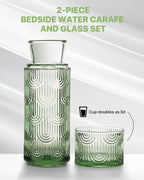 Bedside Water Carafe and Glass Set, Mouthwash Dispenser for Bathroom, 21.6 Oz Glass Water Bottles with 6 Oz Drinking Cup as Lid, Water Pitcher for Nightstand, Kitchen (Green)