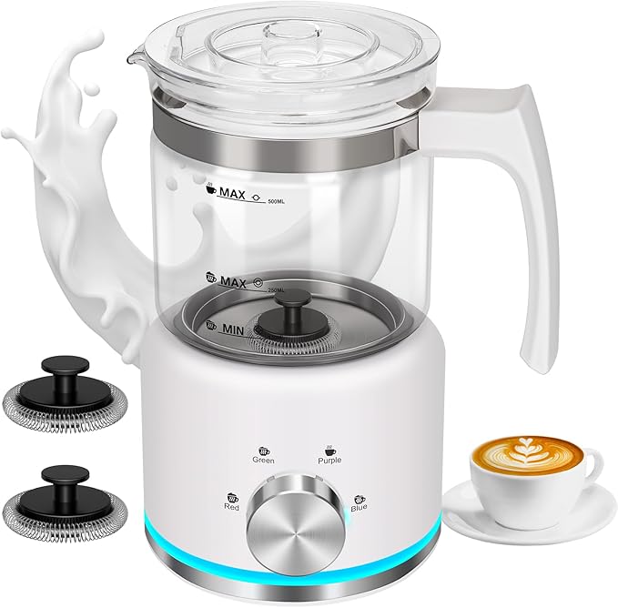 Milk Frother and Steamer, 16.9 OZ Milk Frother for Coffee, 4 in 1 Frother Separable Easy to Use and Clean, Durable Safe Silent Working for Coffee, Latte, Cappuccino Hot Chocolate, White Glass