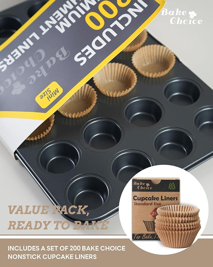 Mini Muffin Pan includes 200 Natural Cupcake Liners, Mini Cupcake Pans Nonstick 24 Cup, Muffin Tin, Carbon Steel Baking Supplies