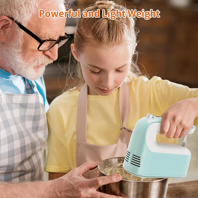 9-Speed Digital Hand Mixer Electric, 400W Powerful DC Motor, Baking Mixer Handheld with Snap-On Storage Case, 5 Stainless Steel Accessories, Flat Beaters, Dough Hooks, Whisk (Ice Blue & White)