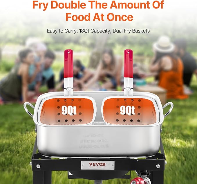 VEVOR 18 Qt Fish and Wing Fryer with Double Basket, Aluminum Propane Fish Fryer Kit, Outdoor Deep Fryer Seafood Pot with Thermometer and 58,000 BTUs Propane Burners, for Outdoor and Backyard Cooking
