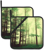 Misty Forest Pot Holders Set of 2, Kitchen Heat Resistant Fantasy Green TreePotholder for Microwave Cooking Baking Oven End Dishes and BBQ