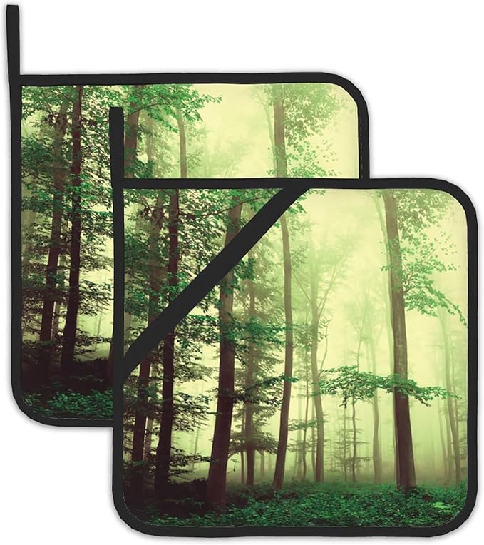 Misty Forest Pot Holders Set of 2, Kitchen Heat Resistant Fantasy Green TreePotholder for Microwave Cooking Baking Oven End Dishes and BBQ