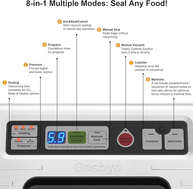 Vacuum Sealer Machine, 95kPa Food Sealer with Double Heat Seal for Dry/Moist Food, Easy-lock Handle, Built-in Bag Storage & Cutter, Progress Display, Removable Drip Tray, Silver
