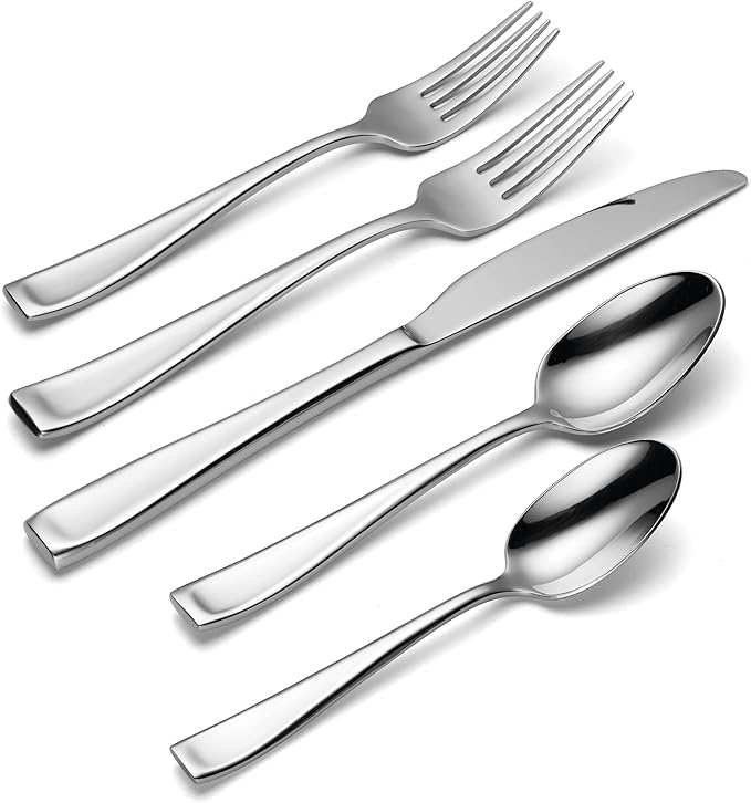 ONEIDA Silverware Set For 12, Moda 75-Piece Fine Flatware Set with Serving Utensils, Service For 12, 18/10 Stainless Steel, Mirror Finish, Dishwasher Safe, Knives Spoons and Forks Set(Silver 75 Piece)