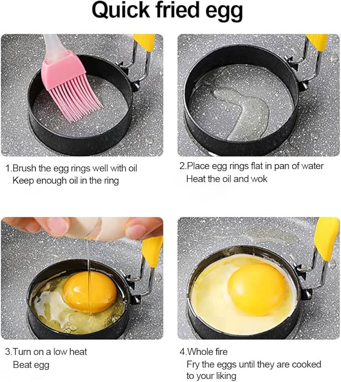 4 Pack Egg Rings,Stainless Steel Frying Ring Tool Non Stick Egg Frying Rings with Folding Handles and Oil Brush for Cooking Breakfast Sandwich Burger(COLOR:black)