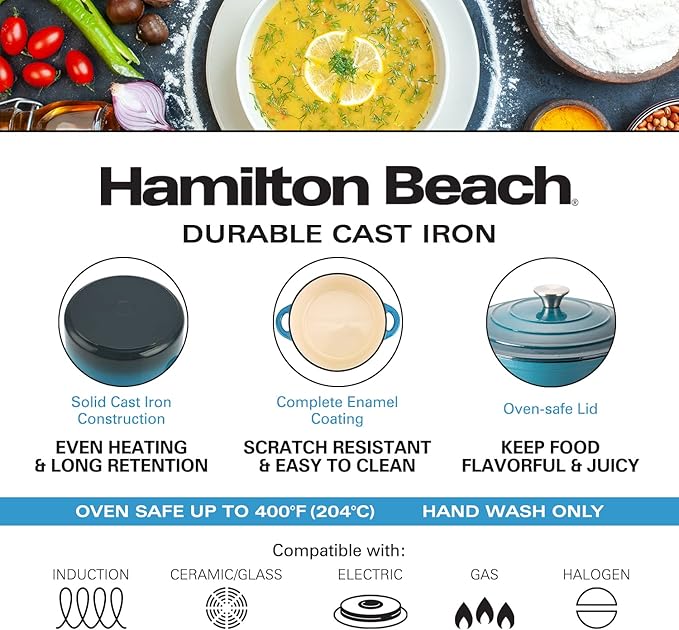 Hamilton Beach 5.5-Quart Enameled Cast Iron Dutch Oven with Lid | Heavy-Duty Pot for Braising, Roasting & Baking | Navy