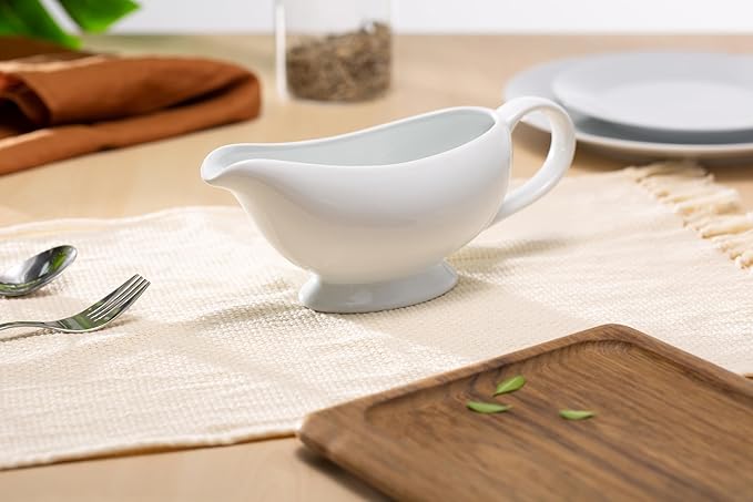 Kook Ceramic Gravy Boat, Serving Dispenser, Porcelain Pitcher for Sauces, Dressings and Creamer, Large Handle, Microwave and Dishwasher Safe, 21 oz, White