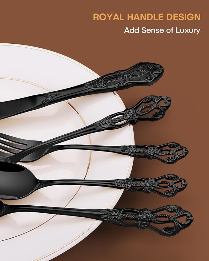 EUIRIO 30 Pieces Royal Silverware Set for 6, Retro Gorgeous Black Flatware Set, Premium Stainless Steel Vintage Cutlery Set with Forks Spoons and Knives, Dishwasher Safe